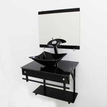 Imagem de Gabinete de Vidro para Banheiro 50x40cm com Cuba Quadrada, Espelho e Válvula Click (Mármore Preto)
