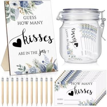 Imagem de Yousoontic 122 peças Adivinhe quantos beijos jogos de chá de panela incluem 1 placa de madeira para chá de panela, 100 cartões de adivinhação, 20 lápis HB, 1 pote de jogo para convidados festa de