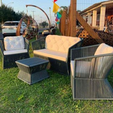 Imagem de Conjunto De Sofá Em Corda Náutica Bambu - 1 Sofá 2l + 2 Poltronas + 1 Mesa Centro - Tecido Duna Cru