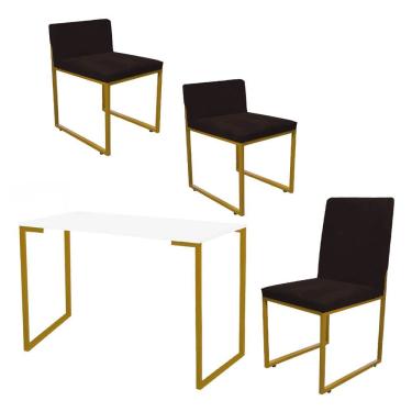 Imagem de Kit Mesa Escrivaninha Com Cadeira Stan E 2 Poltronas Tampo Branco Ferro Dourado Sintético Marrom