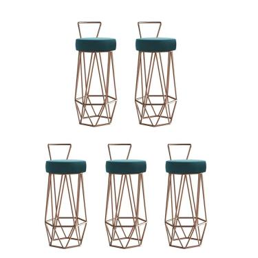 Imagem de Kit 05 Banqueta Com Encosto Botty Hexágono Cozinha Bar Ferro Bronze Suede Azul Turquesa - Amey Decor