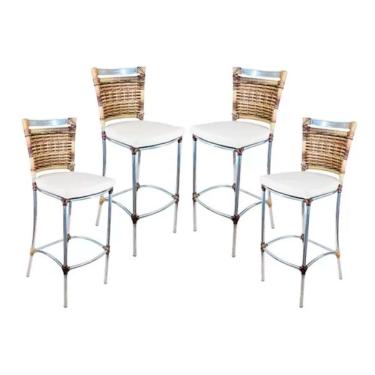 Imagem de Kit 4 Banquetas Alta JK Alumínio Assento Couro Sintético Tecido Inox Trama Original