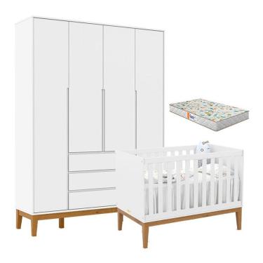 Imagem de Berço Americano Unique E Guarda Roupa 4 Portas Nature Clean Branco Soft Eco Wood Com Colchão Gazin