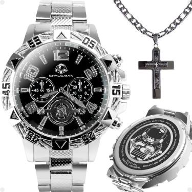 Imagem de Relogio Masculino Aço Inox Prova Dagua + Cordão Crucifixo Religioso Original Pesado Mostrador Preto