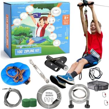Imagem de Zip Line Kit for Kids and Adults, 100/120 / 150/200 ft, Up to 350 Lbs, Rustproof Stainless Steel, Quick Setup with Ratchet, Safety Harness, Backyard Adventure Fun Includes Climbing Holds