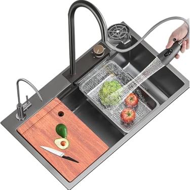 Imagem de Pia De Cozinha Grande De Uma Tigela Preta 304 Estação De Trabalho Em Aço Inoxidável Com Torneira Retrátil Enxágue De Vidro E Bacia Na Bacia, Black, 68x46CM