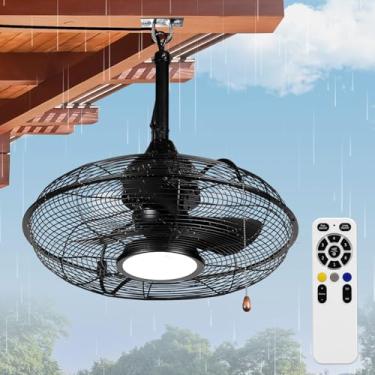 Imagem de Fanliving Ventiladores De Teto Pretos Para Áreas Externas Com Iluminação Pátio, Ventilador 20" Corrente Puxar E Controle Remoto, Gazebo À Prova D'Água Ip65, 3 Unidades, Pérgola Varanda Ganchos Gaiol