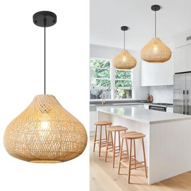 Imagem de LynPon Luminária Pendente De Vime, Grande Estilo Boho Para Ilha Cozinha, Lustre Vime Costeiro Preto E Natural, Tecido À Mão, Luminárias Suspensas Modernas Sala Jantar, Estar, Hall Entrada