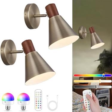 Imagem de Vechoicy Conjunto De 2 Arandelas Parede Operadas Por Bateria, Luminária Sem Fio Ajustável, Com Controle Remoto E Lâmpadas Recarregáveis Reguláveis Para Quarto Sala Estar (Bronze Escovado)