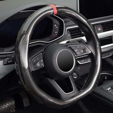 Imagem de ZHOL Capa de volante de fibra de carbono, capa de roda de carro em forma de D 14 1/2-15 pol (37-39 cm), preta