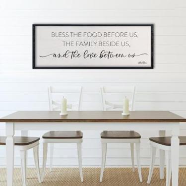 Imagem de comurdyo Bless the Food Before Us Placa de decoração de parede 81 x 30 cm para sala de jantar cozinha grande moldura de madeira arte para pendurar na parede (preto)