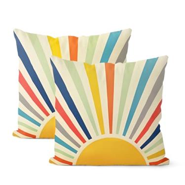 Imagem de JEFERSO Capas de almofada de verão 45,7 x 45,7 cm, conjunto de 2 almofadas para atividades ao ar livre, boêmio, arco-íris, listras coloridas, capas de almofada decorativas de linho amarelo para