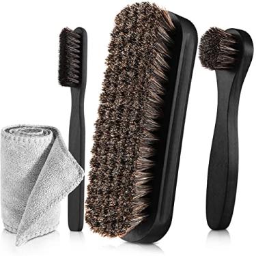 Imagem de Kit de escova para sapatos de brilho de crina de cavalo, aplicadores de polimento Dauber, sapatos de couro, botas, escovas de cuidado, escova de limpeza de camurça com pano de microfibra (4 peças pretas D)