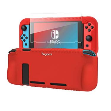 Imagem de Teyomi Protective Silicone Case for Nintendo Switch, Grip Cover with Tempered Glass Screen Protector, 2 Storage Slots for Game Cards, Shock-Absorption & Anti-Scratch (Red)