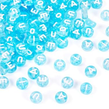 Imagem de Elcrelive 100 peças contas redondas de letras transparentes acrílico alfabeto vogal azul céu AEIOU amuletos espaçadores soltos 7x4 mm para pulseira de amizade colar joias de verão