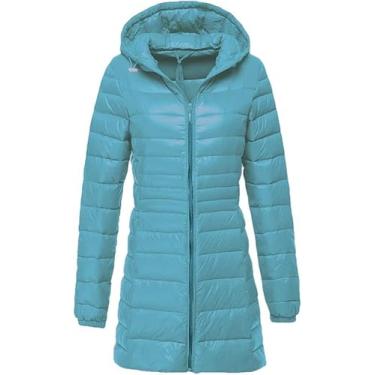 Imagem de Jaqueta De Penas Para Mulheres Inverno Quente Longa Jaqueta De Pato Branco Claro Com Capuz Portátil Para Mulheres, Sky Blue, M