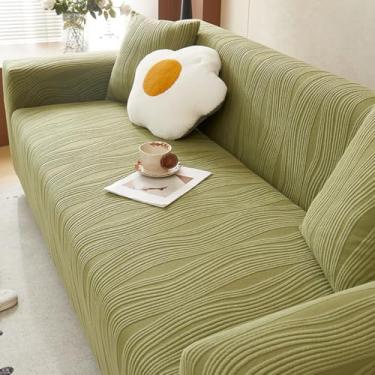 Imagem de KAIJIE Capa de sofá elástica para 3 pessoas, tecido tricotado, padrão jacquard, design simples, antiarranhões e sujeira, antipoeira, capa protetora para móveis modernos A-Matcha verde