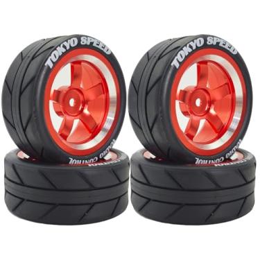 Imagem de Chanjorlin 1/10 On Road Racing Tires and 5-Spoke Aluminum Wheels 12mm Hex OD 2.56" RC Touring Tyres for 1:10 Rally Street Drift Car Tamiya TT01 TT02 XV01 A959 PTG2 KYOSHO HSP Traxxas 4PCS (Red)