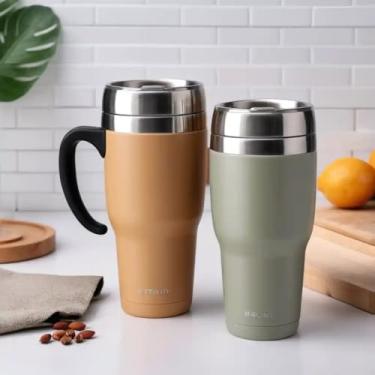 Imagem de Caneca Térmica Parede Dupla em Aço Inox Bege 500ml com Alça Ergonômica - Estilo Casual