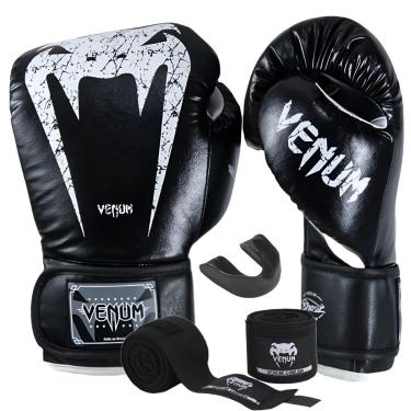 Imagem de Kit Luva de Boxe Muay Thai Kickboxing Venum Giant Brasil Preto com Bandagem e Protetor Bucal-Unissex