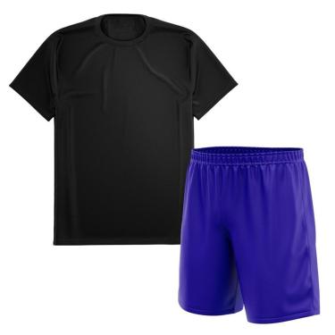 Imagem de Kit Calção Short Futebol Basquete Azul + Camiseta Manga Curta Masculina-Masculino
