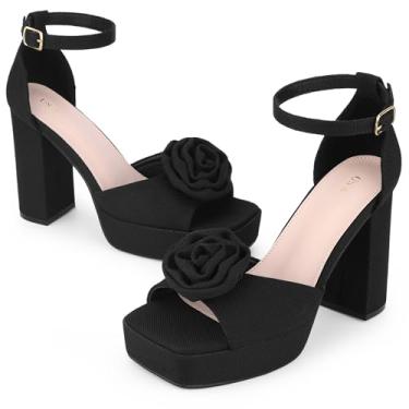 Imagem de Allegra K Sandália feminina de salto grosso com plataforma alta e bico quadrado, Preto, 38