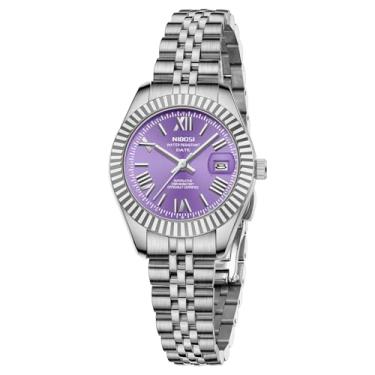 Imagem de NIBOSI Relógios femininos analógicos de quartzo à prova d'água com data, relógio de pulso delicado, moderno, de aço inoxidável, para pulsos pequenos, vestido feminino elegante, Prateado, roxo