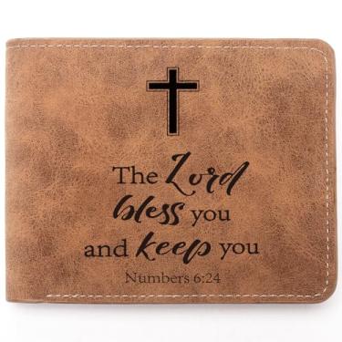 Imagem de TZYTHT Carteira masculina de couro para presentes cristãos, carteira de couro personalizada gravada, versículo bíblico, fé, religioso, presentes inspiradores de aniversário, Números 6:24, Presentes