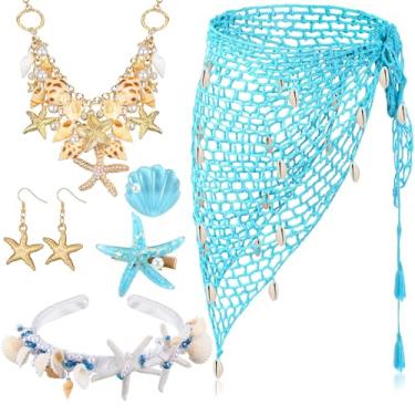Imagem de Blosssound 6 peças acessórios de fantasia de sereia de Halloween estrela do mar colar brincos faixa de cabelo presilha de cabelo sereia de crochê saia de crochê para cosplay, Azul, tamanho �nico