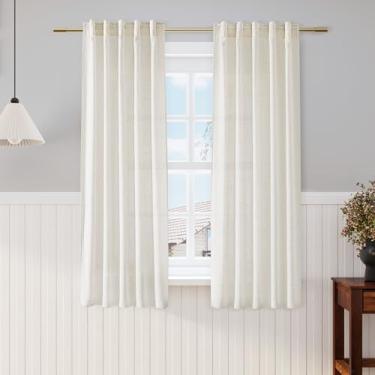 Imagem de Cortinas de linho semitransparentes creme, comprimento de 160 cm, para sala de estar, bolso traseiro, varão, moderna, casa de fazenda, decoração costeira, cortina de gaze texturizada de algodão