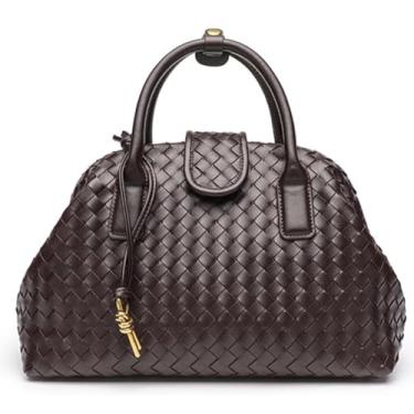 Imagem de Bolsa feminina de tecido elegante, bolsa de mão de couro, feita à mão, bolsa de ombro, bolsa de mão macia, Café, free