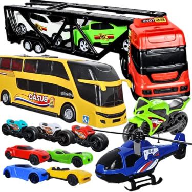Imagem de Kit Carrinho Caminhão 15 Pçs Cegonha Completo Ônibus Moto Helicóptero Brinquedo Menino