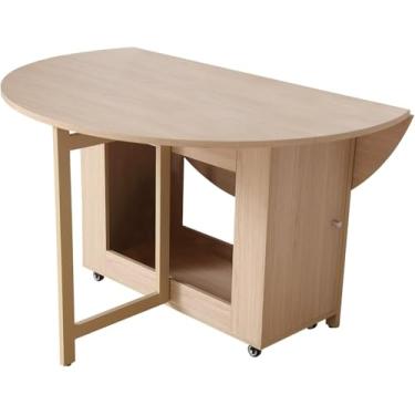Imagem de Mesa de jantar dobrável redonda de 120 cm para 4 a 6 anos, mesa dobrável de madeira, mesa de jantar de folhas grandes com prateleira de armazenamento, pernas de metal para casa, sala de jantar, sala