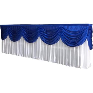 Imagem de Saia de mesa de seda gelada, cabeça de cortina para bolo de casamento, avental para mesa, saia de mesa para sinal de aniversário, cabeça de cortina para mesa, branco, azul, comprimento 100 cm x 78 cm