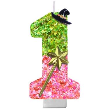 Imagem de Vela com número de aniversário com tema malvado – Vela de glitter rosa e verde com suporte para bolo | Decoração de festa mágica para meninas, adolescentes, fãs de teatro, amantes da Broadway