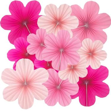 Imagem de 12 peças de decoração de festa de flores de papel rosa choque fãs de papel decoração de parede para aniversário, casamento, chás de bebê, sala de aula, pano de fundo floral, enfeites pendurados