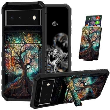 Imagem de ACWDMKH Capa para Pixel 6A com suporte para cartão e suporte para celular Google Pixel 6A capa protetora híbrida resistente à prova de choque para Pixel 6A, arte colorida árvore