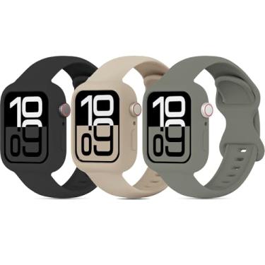 Imagem de Pacote com 3 pulseiras de silicone macio com capa protetora para Apple Watch séries 11/10/9/8/SE/7/6/5/4/3 de 38 mm, 40 mm, 41 mm, 42 mm, 44 mm, 45 mm e 46 mm, pacote com 3 unidades