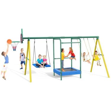 Imagem de Playground Infantil de Metal com Cesta de Basquete, Trampolim e 3 Balanços, Vibemo VB-SW04, Verde