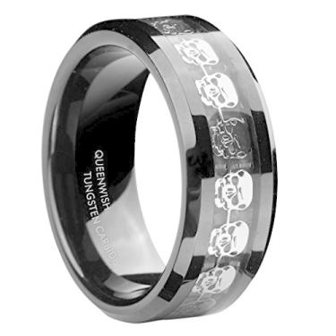 Imagem de QUEENWISH Aliança de noivado masculina de carboneto de tungstênio prata com caveira preta de 8 mm, tamanho 5-14, Carboneto de tungstênio, Sem pedra preciosa