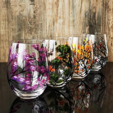 Imagem de Pacote com 4 taças de vinho de árvore de quatro estações, pintadas à mão, folhas de outono, flores, estações, taças de vinho coloridas para coquetéis de vinho, presente para aniversários, casamentos,