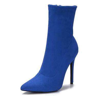 Imagem de CAMSSOO Botas femininas de cano alto, salto alto, bico fino, sexy, com zíper lateral, meias confortáveis, cano médio, Camurça sintética azul, 35