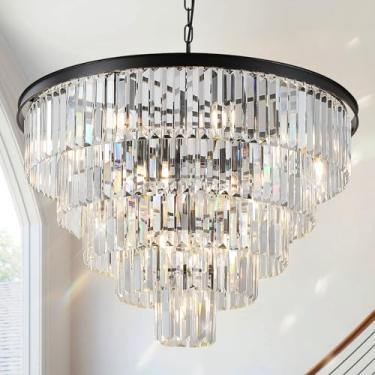 Imagem de Lustres grandes de cristal preto 76.2 cm moderno para hall de entrada de teto alto 5 níveis 16 luzes contemporâneo K9 luminária pendente de teto para escada, sala de jantar, quarto