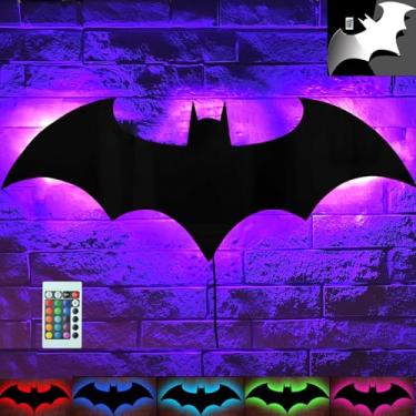 Imagem de Luz noturna LED morcego super-herói lâmpada de sinal legal com 16 cores de controle remoto arandela placa neon gravada em acrílico decoração para quarto de festa e parede (cor espelhada prata)