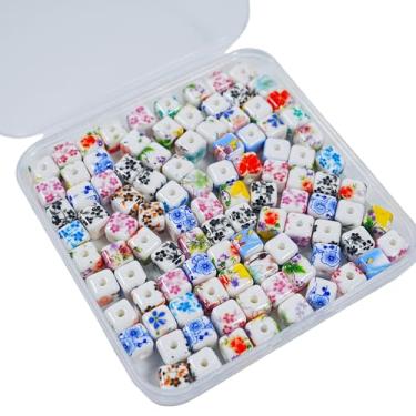 Imagem de Kit sortido de 100 peças de contas de cerâmica, contas de porcelana em forma de coração, contas espaçadoras impressas com flores multicoloridas para fazer joias, faça você mesmo, colar pulseira (cubo)