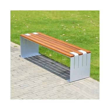 Imagem de ZzleoyuUUs-12 Banco de jardim externo de aço inoxidável, placa de assento de madeira, banco externo, parque, pátio, pátio, banco (médio)