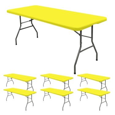 Imagem de Pacote com 6 toalhas de mesa ajustadas para mesas retangulares de 1,8 m, capa de mesa amarela elástica para piquenique ao ar livre, toalhas de mesa dobráveis laváveis de 1,8 m para acampamento, festa
