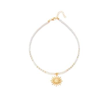 Imagem de Colar de praia com contas de cristal boho para mulheres, joia dourada com pingente de sol, colar gargantilha de verão com contas de girassol preto/verde/branco/rosa pérolas colares gargantilha moderna