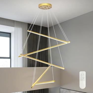 Imagem de Mccokaige Lustre de LED moderno de 5 luzes dourado de 81 cm para sala de estar, lustre linear de LED regulável, quarto, lustres grandes para sala de jantar, luz pendente moderna para teto alto, sala
