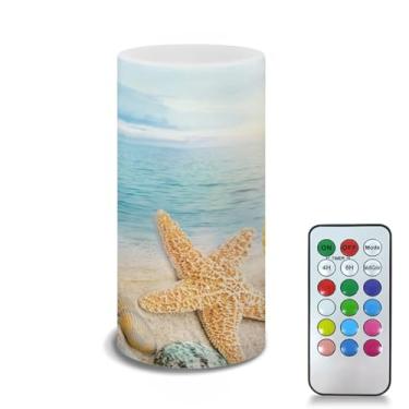 Imagem de Poceacles Vela elétrica praia estrela do mar azul mar luzes LED elétricas com chama dançante, com temporizador remoto 12 luzes coloridas, 3 pilhas AAA operadas (não incluídas), decoração de casa